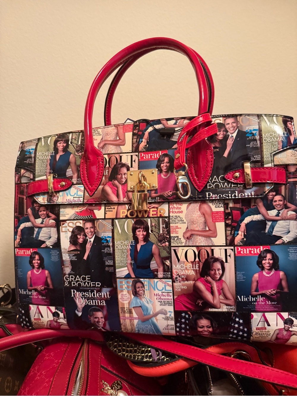Red Printed Satchel with Magazine-Cover Collage
